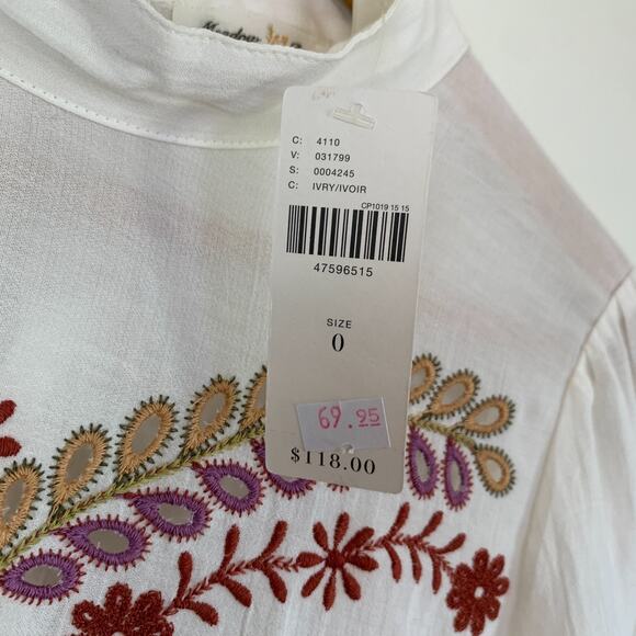 Anthropologie Meadow Rue Daphne 0 XS Embroidered Blouse Ivory Cottage Boho - Picture 8 of 14